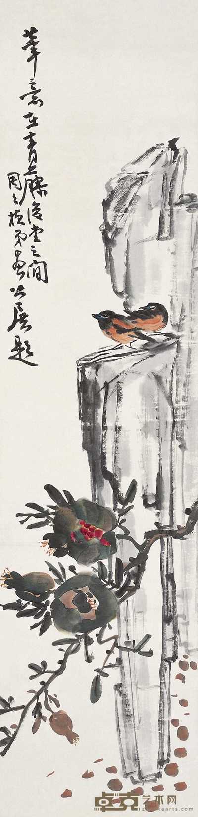 谢公展 周之桢 花鸟 立轴 135×33cm